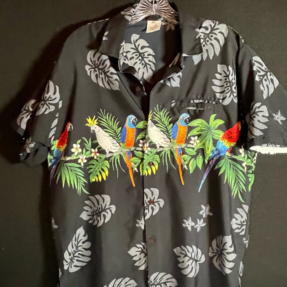 2/$10 -  Rima Parrot and Floral Print Black Hawaiian Shirt- Med